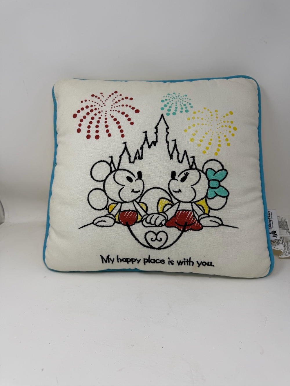 Disney Parks Throw Pillow Mickey Mouse & Minnie Heart "My Happy Place Is W/ You"
